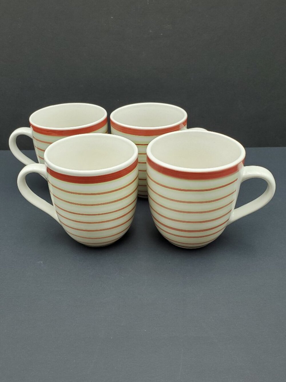 tag Striped Coffee Mugs Off-White Mugs with Rust and Light Green Bands